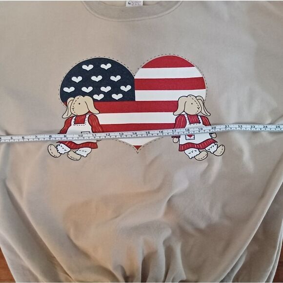 Quitman USA Patriotic Heart w Two Bunnies Graphic Tan Banded Bottom Pullover  XL - Picture 4 of 10